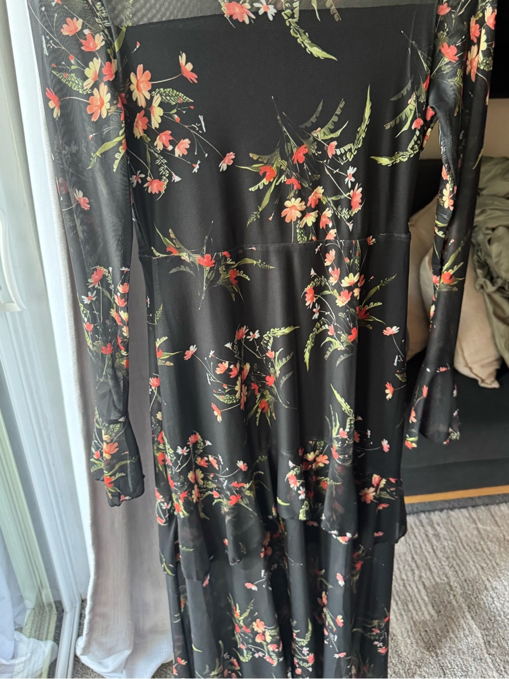Black Floral Long Sleeve Ruffled Maxi Dress - Picture 4 of 7
